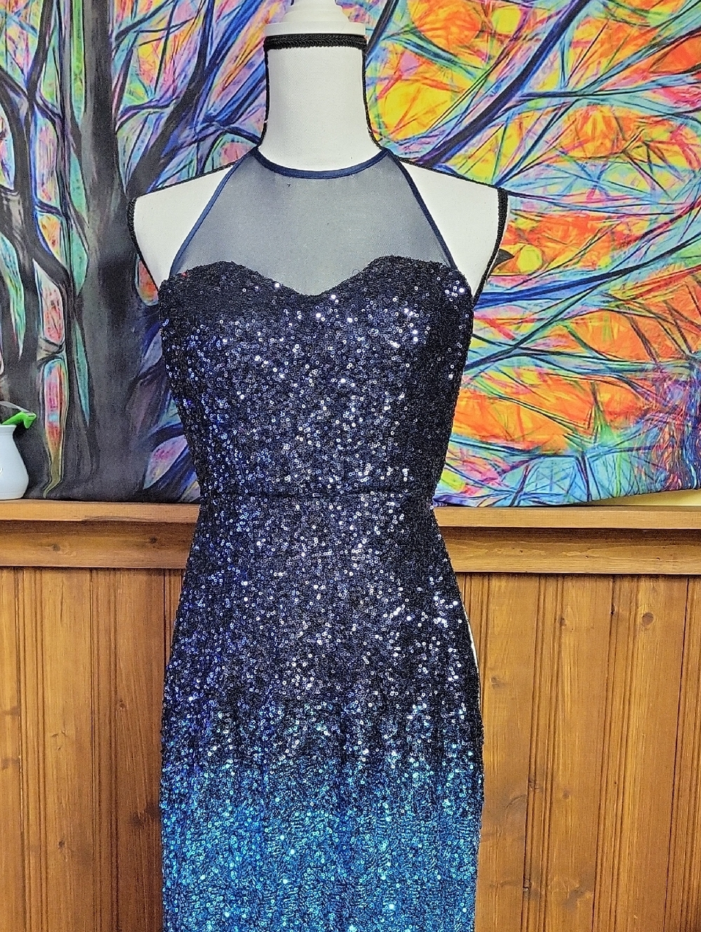 Speehless Prom Sequined Ombre Navy to Teal Evening Dress with Sheer Halter Neck